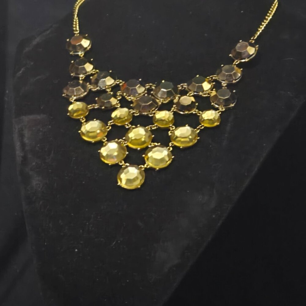 Gold Tone Statement Necklace With Multi-Layered Faceted Crystal Accents & Adjust
